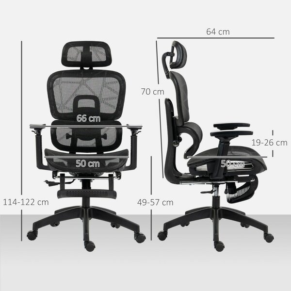 HOMCOM Ergonomikus irodai szék, hálós szövettel, állítható 3D, karfákkal és fejtámlával, fekete