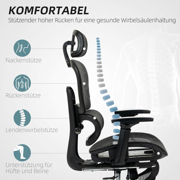 HOMCOM Ergonomikus irodai szék, hálós szövettel, állítható 3D, karfákkal és fejtámlával, fekete
