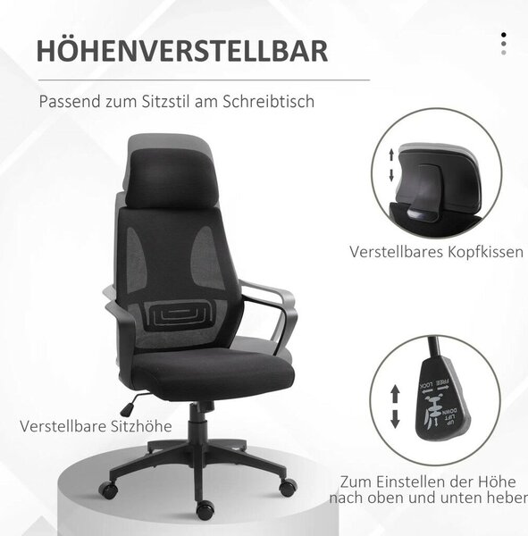 Vinsetto irodai szék, hintafunkciós íróasztal szék, állítható magasságú fejtámlával és deréktámasszal, fekete