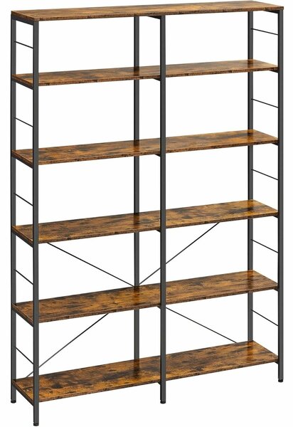 VASAGLE Könyvespolc 6 polccal, fémkerettel, ipari stílusban, 30x120x170 cm, rustikus barna