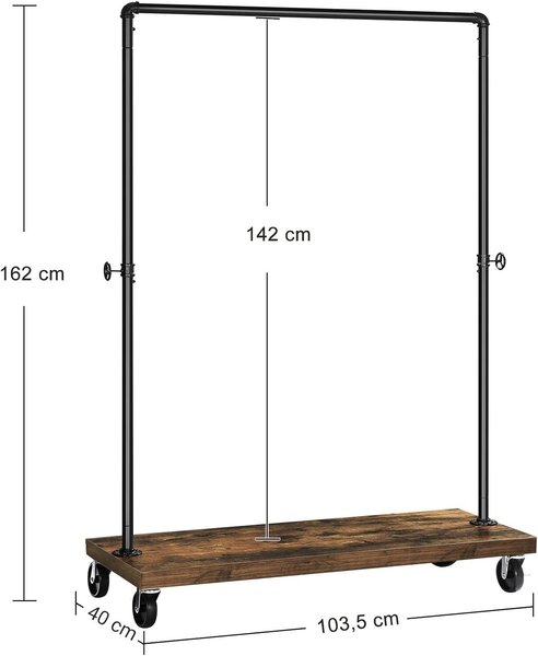 SONGMICS ruhafelfüggesztő kerekekkel, felső rúddal és alsó polccal, ipari stílus, 104x40x162 cm, fekete