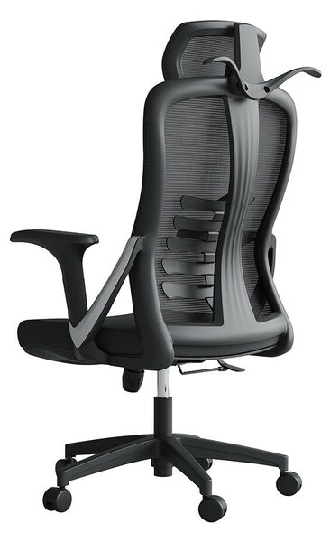 Ergonomikus irodai szék, Invincio, Nicolle-H, hálós háttámla, állítható magasság, állítható fejtámla, deréktámasz, párnázott ülés, fix V-karfa, 330 mm PP talp, fekete