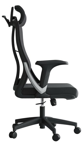 Ergonomikus irodai szék, Invincio, Nicolle-H, hálós háttámla, állítható magasság, állítható fejtámla, deréktámasz, párnázott ülés, fix V-karfa, 330 mm PP talp, fekete
