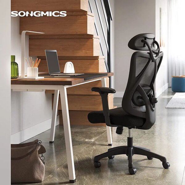 Songmics ergonomikus irodai szék, hálós szövet anyag, H114-124 cm, ideális irodába/otthoni irodába/tanulószobába, állítható fejtámla a fej/nyak megtámasztására, deréktámasz, légáteresztő háló