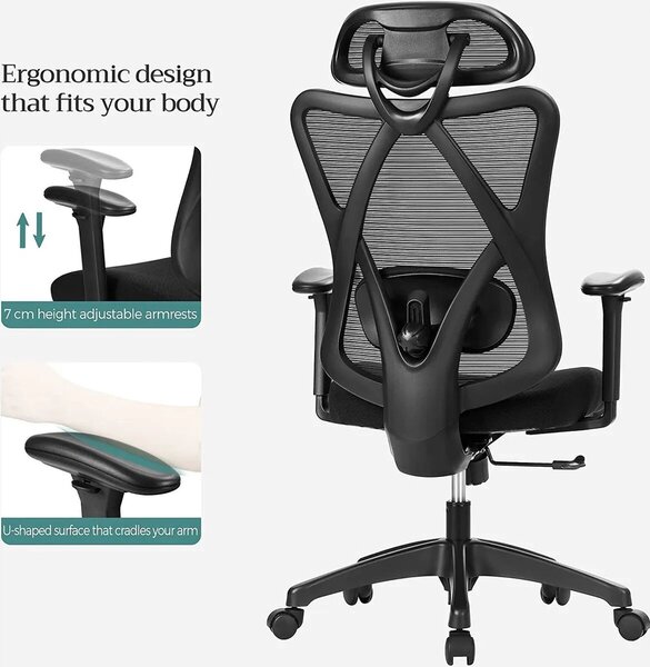 Songmics ergonomikus irodai szék, hálós szövet anyag, H114-124 cm, ideális irodába/otthoni irodába/tanulószobába, állítható fejtámla a fej/nyak megtámasztására, deréktámasz, légáteresztő háló