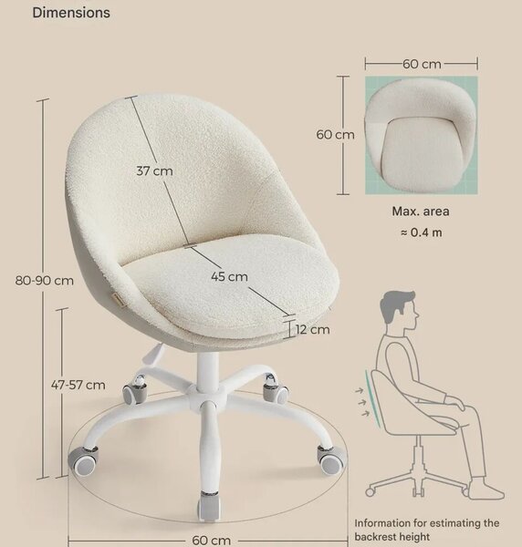 Songmics irodai szék, ideális otthoni irodába, sherpa/plüss textil kárpitozás, H83.3-93.3 cm, állítható magasság, stabil görgős talp, ívelt háttámla, kényelmes párnázott ülés, ergonomikus, mo