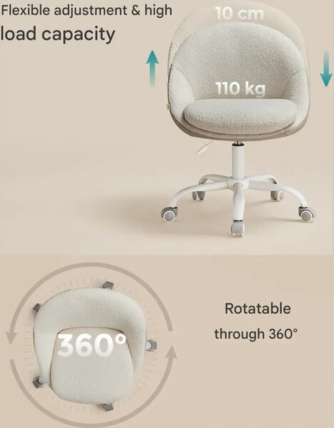 Songmics irodai szék, ideális otthoni irodába, sherpa/plüss textil kárpitozás, H83.3-93.3 cm, állítható magasság, stabil görgős talp, ívelt háttámla, kényelmes párnázott ülés, ergonomikus, mo