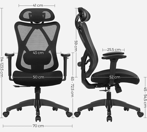 Songmics ergonomikus irodai szék, hálós szövet anyag, H114-124 cm, ideális irodába/otthoni irodába/tanulószobába, állítható fejtámla a fej/nyak megtámasztására, deréktámasz, légáteresztő háló