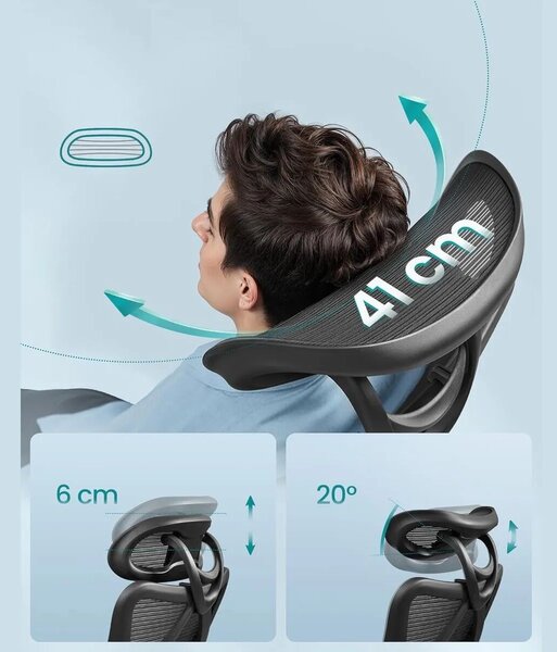 Songmics ergonomikus irodai szék, hálós szövet anyag, H114-124 cm, ideális irodába/otthoni irodába/tanulószobába, állítható fejtámla a fej/nyak megtámasztására, deréktámasz, légáteresztő háló