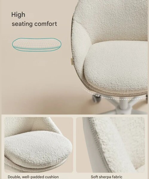 Songmics irodai szék, ideális otthoni irodába, sherpa/plüss textil kárpitozás, H83.3-93.3 cm, állítható magasság, stabil görgős talp, ívelt háttámla, kényelmes párnázott ülés, ergonomikus, mo