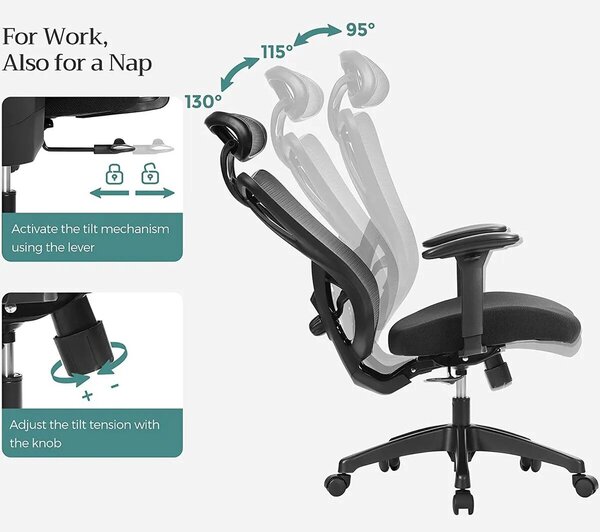 Songmics ergonomikus irodai szék, hálós szövet anyag, H114-124 cm, ideális irodába/otthoni irodába/tanulószobába, állítható fejtámla a fej/nyak megtámasztására, deréktámasz, légáteresztő háló