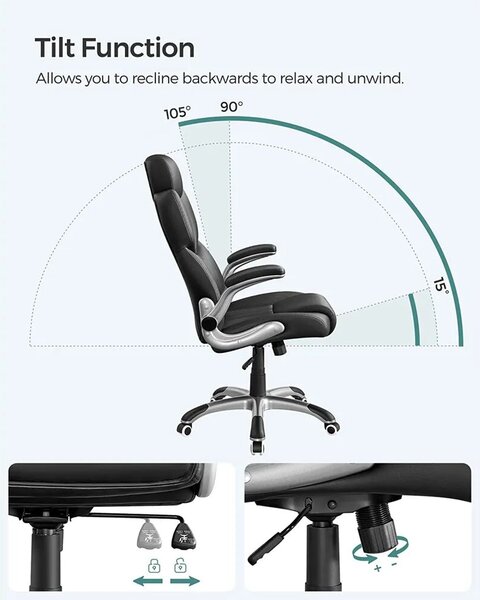 Songmics ergonomikus bőr irodai szék, H119-129 cm, ideális irodába/otthoni irodába/gaminghez, állítható fejtámla a fej/nyak megtámasztására, kényelmes háttámla, jól párnázott ülés, görgők a m
