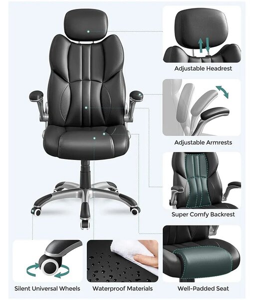 Songmics ergonomikus bőr irodai szék, H119-129 cm, ideális irodába/otthoni irodába/gaminghez, állítható fejtámla a fej/nyak megtámasztására, kényelmes háttámla, jól párnázott ülés, görgők a m