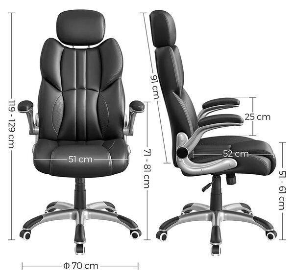 Songmics ergonomikus bőr irodai szék, H119-129 cm, ideális irodába/otthoni irodába/gaminghez, állítható fejtámla a fej/nyak megtámasztására, kényelmes háttámla, jól párnázott ülés, görgők a m