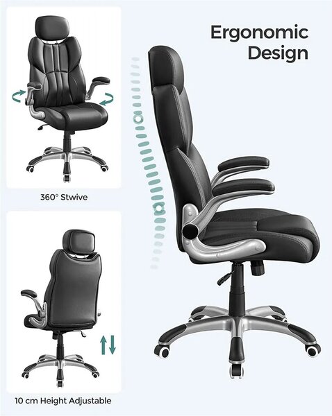 Songmics ergonomikus bőr irodai szék, H119-129 cm, ideális irodába/otthoni irodába/gaminghez, állítható fejtámla a fej/nyak megtámasztására, kényelmes háttámla, jól párnázott ülés, görgők a m
