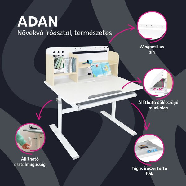 Növekvő íróasztal, természetes/fehér, ADAN