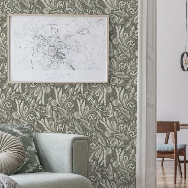 Tapéta Akantusz tekercsek olíva-bézs színpalettában, Természetes tapétá, Tapétá természet levelek, a00501 : Uwalls.hu