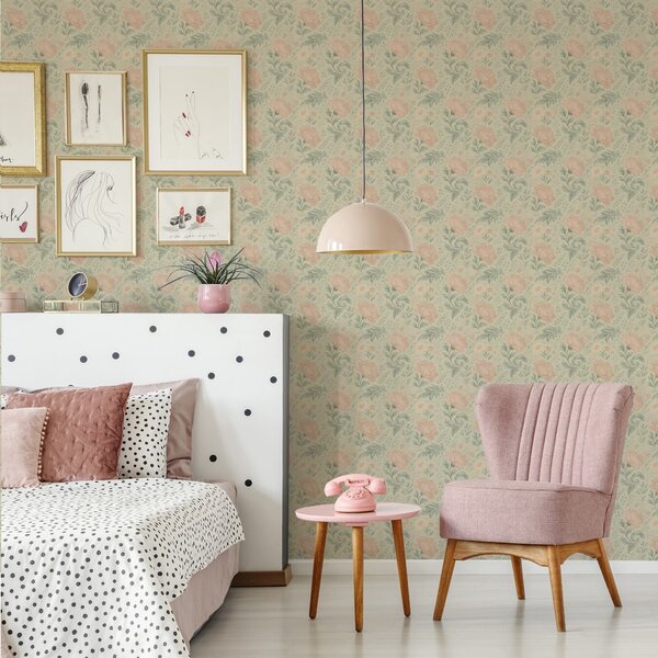 Tapéta Vintage nagy őszibarackvirágok zsályalevelekkel, Virágok és növények tapétá, a00580 : Uwalls.hu