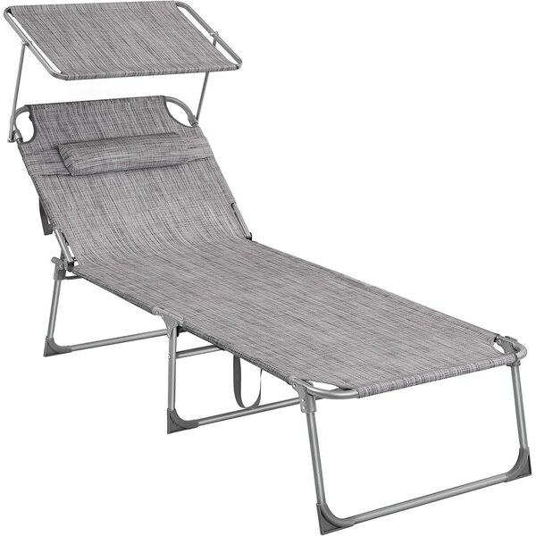 Összecsukható napozóágy napellenzővel és fejtámlával, 4 pozícióban állítható háttámlával, maximális teherbírás 150 kg, méret 200x71x38 cm, szürke