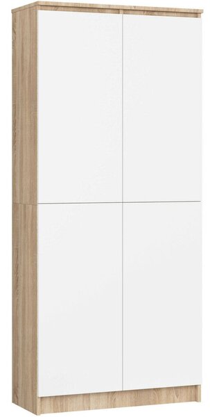 8 polcós szekrény, 16 mm-es laminált PAL, 80x35x180 cm, sonoma tölgy és fehér