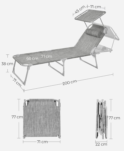 Összecsukható napozóágy napellenzővel és fejtámlával, 4 pozícióban állítható háttámlával, maximális teherbírás 150 kg, méret 200x71x38 cm, szürke