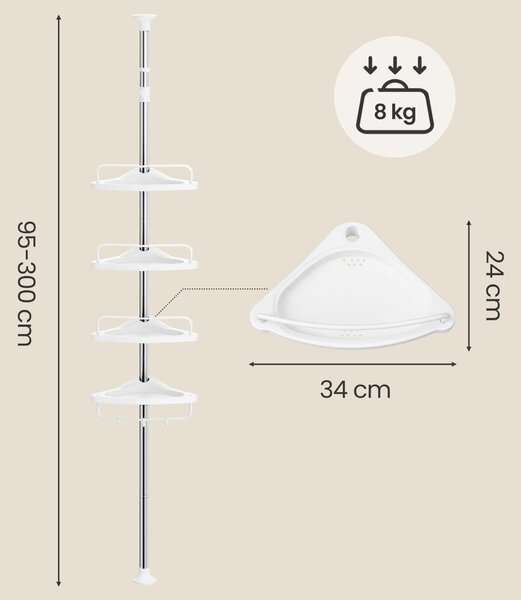 SONGMICS 4 szintet teleszkópos zuhanypolc, állítható magasság (95-300 cm), rozsdamentes acél, fehér