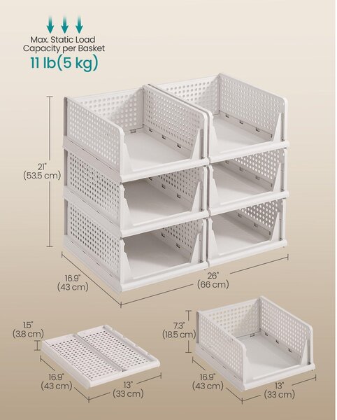 SONGMICS egymásba rakható ruhatároló kosár készlet (6 db-os), 43 x 33 x 18,5 cm, fehér