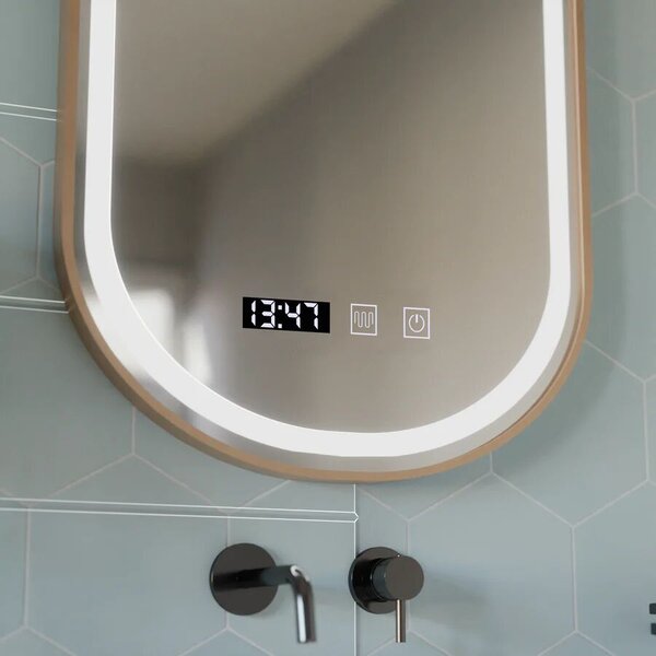 Ovális LED Tükör, 50x80cm, Mozgásérzékelővel, Páramentesítő Rendszerrel, Órával és Hőmérővel, Szabályozható Fénnyel