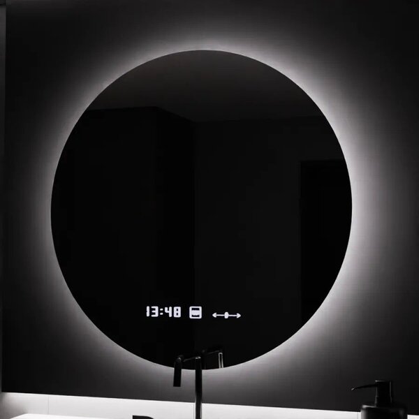 Kerek LED Tükör, 80cm, Serenite MotionGlow Marcello, Páramentesítő Rendszer, Óra és Hőmérő, Szabályozható Fényerő