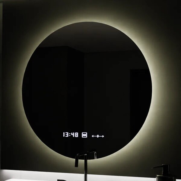 Kerek LED Tükör, 80cm, Serenite MotionGlow Marcello, Páramentesítő Rendszer, Óra és Hőmérő, Szabályozható Fényerő