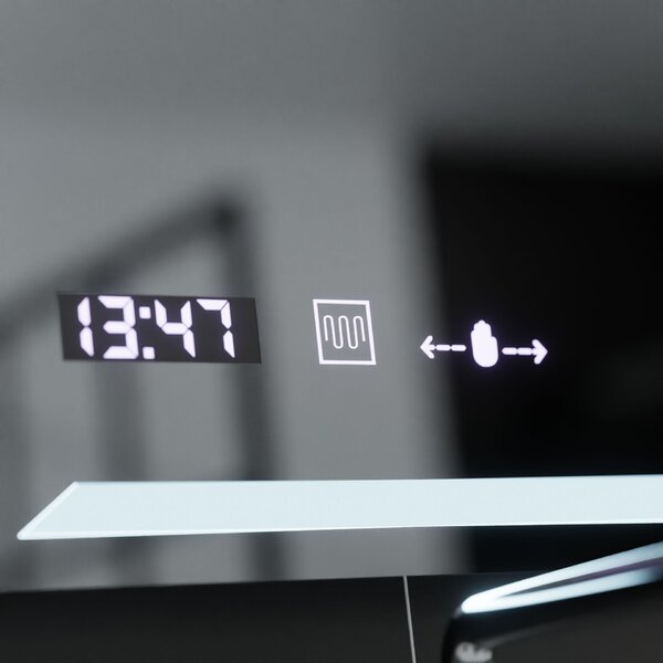 Téglalap alakú LED Tükör, 60x80cm, MotionGlow Marcello, Páramentesítő Rendszer, Óra és Hőmérő, Szabályozható Fényerő