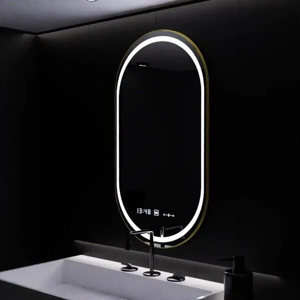 Ovális LED Tükör, 50x80cm, Mozgásérzékelővel, Páramentesítő Rendszerrel, Órával és Hőmérővel, Szabályozható Fénnyel