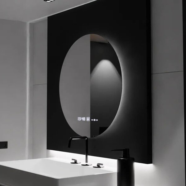 Kerek LED Tükör, 80cm, Serenite MotionGlow Marcello, Páramentesítő Rendszer, Óra és Hőmérő, Szabályozható Fényerő