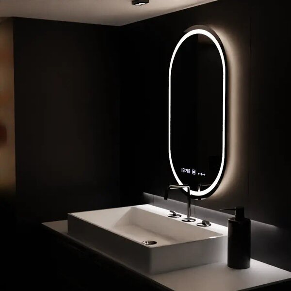 Ovális LED Tükör, 60x80cm, Eminence MotionGlow Marcello, Páramentesítő Rendszer, Óra & Hőmérő, Szabályozható Fényerővel