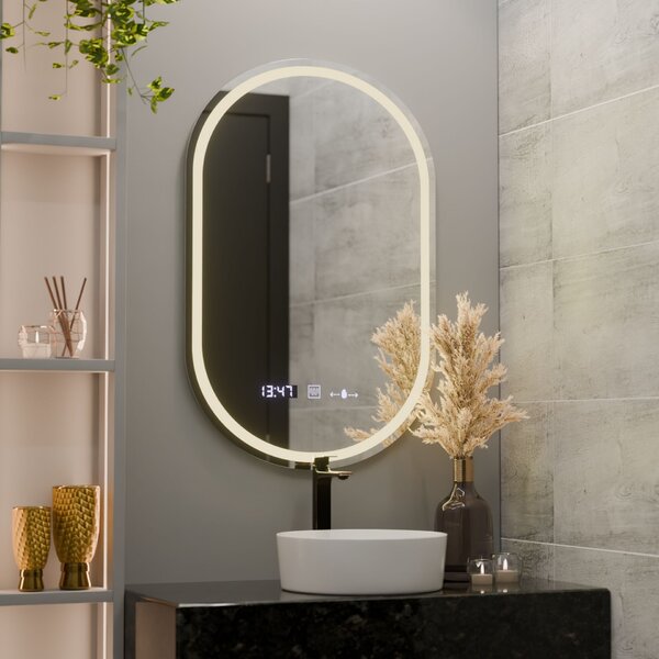Ovális LED Tükör, 60x80cm, Eminence MotionGlow Marcello, Páramentesítő Rendszer, Óra & Hőmérő, Szabályozható Fényerővel