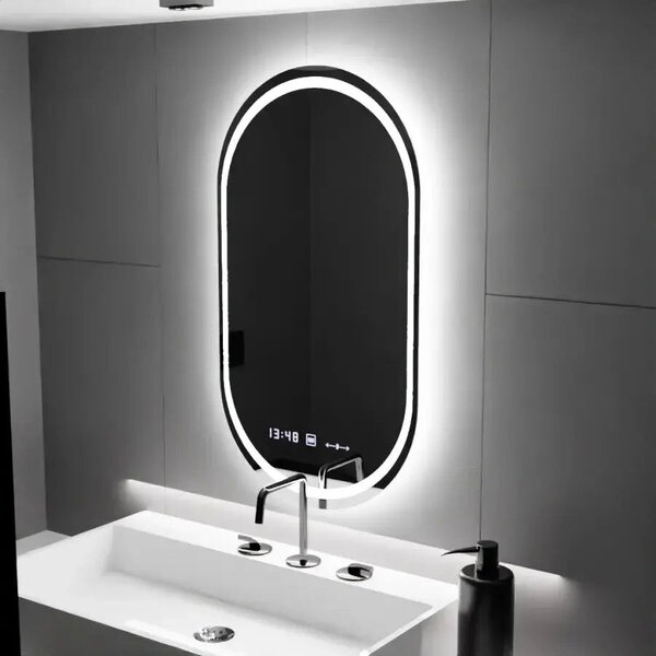 Ovális LED Tükör, 60x80cm, Eminence MotionGlow Marcello, Páramentesítő Rendszer, Óra & Hőmérő, Szabályozható Fényerővel