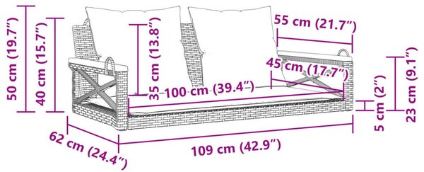 VidaXL fekete polyrattan hintapad párnákkal 109 x 62 x 40 cm