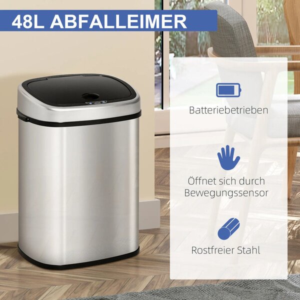 HOMCOM 48L automata érzékelős szemetes mozgásérzékelővel, vízálló rozsdamentes acél, ezüst