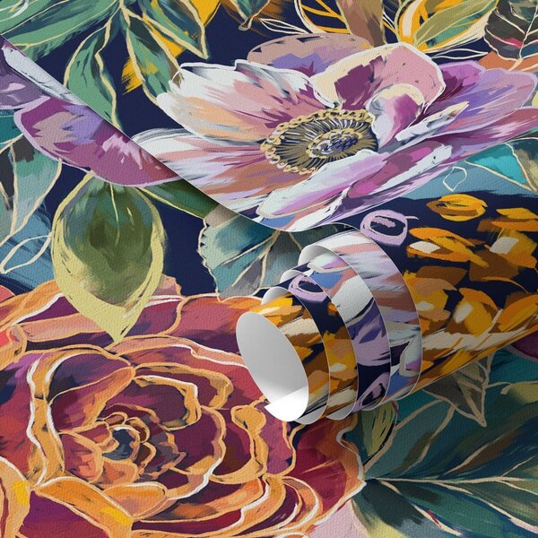 Tapéta Merész, nagy ecsetvonásokkal festett virágok sötétkék háttér előtt, Virágok és növények tapétá, a00643 : Uwalls.hu