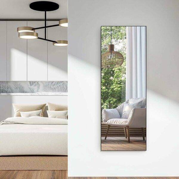 HORLIMER teljes hosszúságú tükör, 165 x 60 cm, falra szerelhető vagy állványos, torzításmentes HD üveg, fémkeret, modern kialakítás, fekete szín