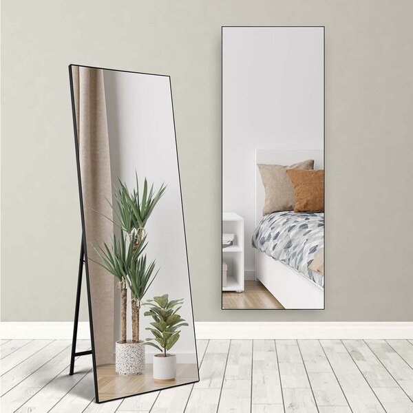 HORLIMER teljes hosszúságú tükör, 165 x 60 cm, falra szerelhető vagy állványos, torzításmentes HD üveg, fémkeret, modern kialakítás, fekete szín