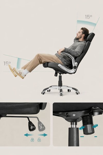 Ergonomikus irodai szék felhajtható karfákkal, állítható magasságú, állítható fejtámlával, 70x70x137 cm, fekete