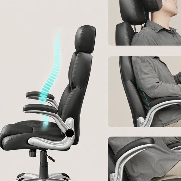 Ergonomikus irodai szék felhajtható karfákkal, állítható magasságú, állítható fejtámlával, 70x70x137 cm, fekete