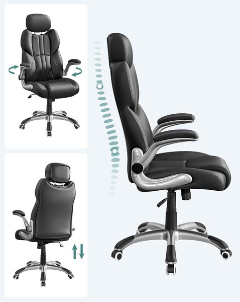 Ergonomikus irodai szék felhajtható karfákkal, állítható magasságú, állítható fejtámlával, 70x70x137 cm, fekete