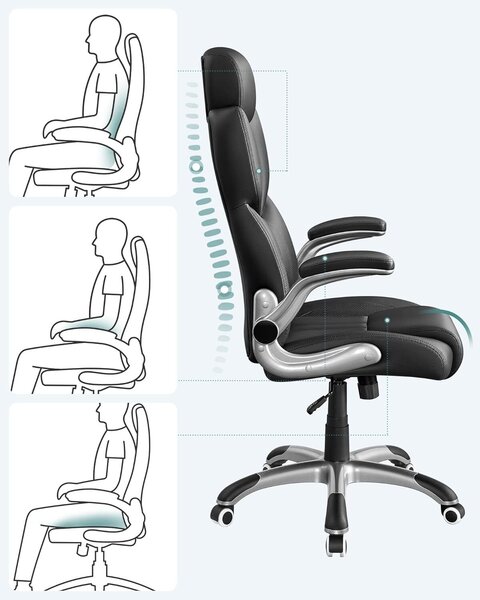 Ergonomikus irodai szék felhajtható karfákkal, állítható magasságú, állítható fejtámlával, 70x70x137 cm, fekete