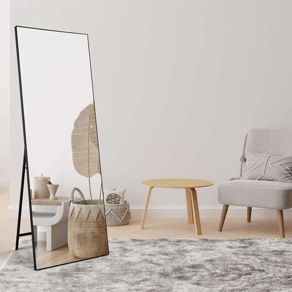 HORLIMER teljes hosszúságú tükör, 165 x 60 cm, falra szerelhető vagy állványos, torzításmentes HD üveg, fémkeret, modern kialakítás, fekete szín