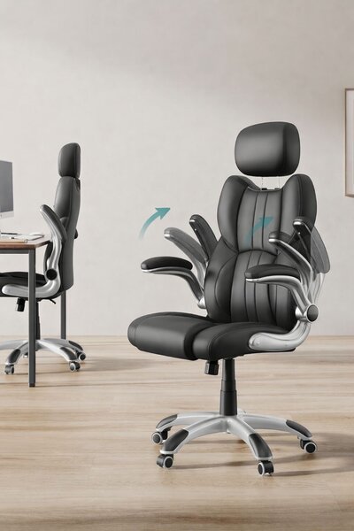 Ergonomikus irodai szék felhajtható karfákkal, állítható magasságú, állítható fejtámlával, 70x70x137 cm, fekete
