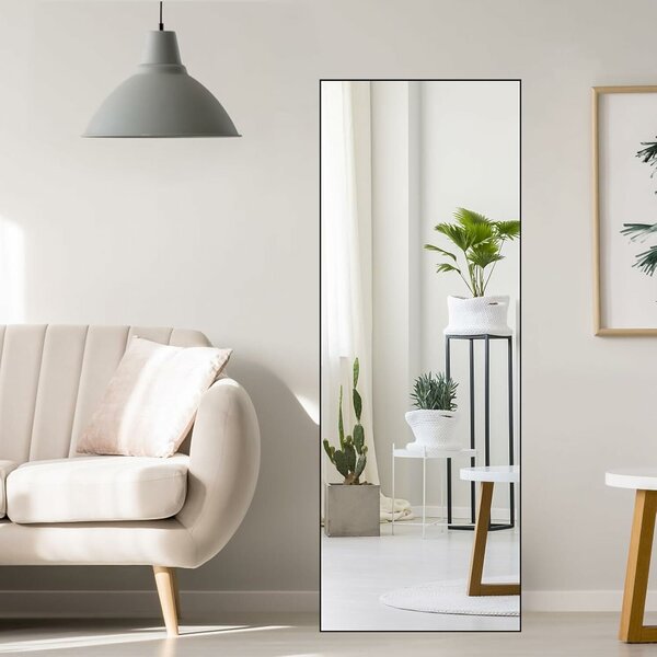 HORLIMER teljes hosszúságú tükör, 165 x 60 cm, falra szerelhető vagy állványos, torzításmentes HD üveg, fémkeret, modern kialakítás, fekete szín
