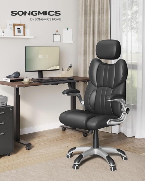 Ergonomikus irodai szék felhajtható karfákkal, állítható magasságú, állítható fejtámlával, 70x70x137 cm, fekete