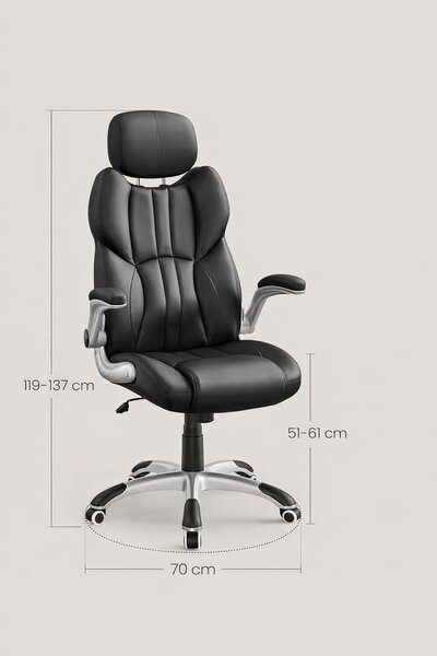 Ergonomikus irodai szék felhajtható karfákkal, állítható magasságú, állítható fejtámlával, 70x70x137 cm, fekete